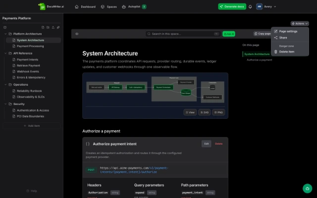 The DocuWriter documentation editor with sharing controls open.