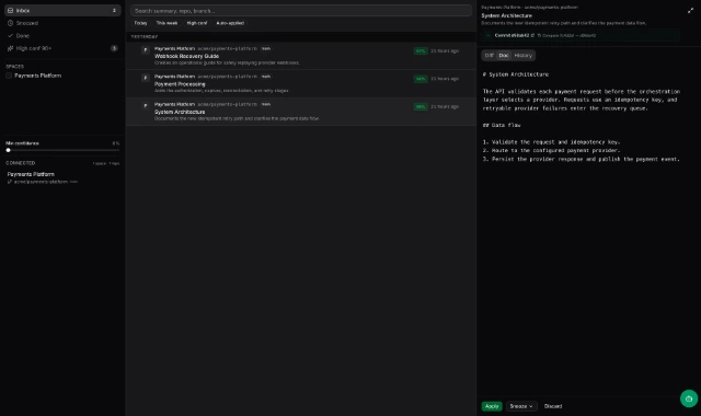 DocuWriter Autopilot inbox with repository suggestions, documentation context, and a proposed diff