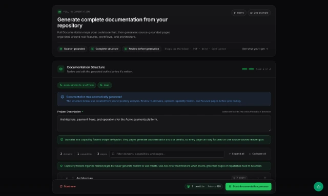 DocuWriter documentation-tree review showing structured sections for a complete repository