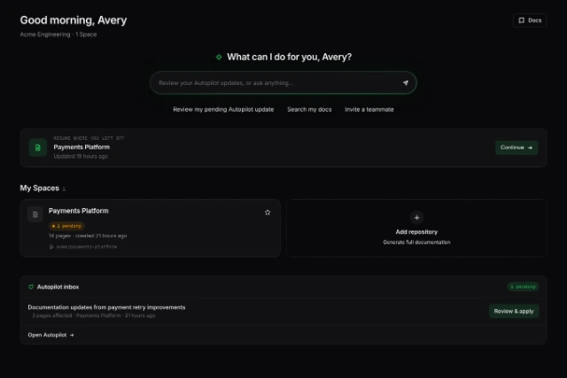DocuWriter dashboard showing populated documentation Spaces and repository activity