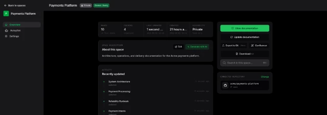 DocuWriter Space overview showing the documentation hierarchy, repository connection, and recently updated pages