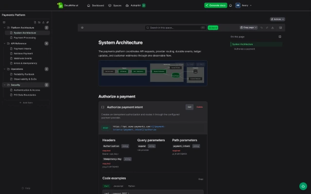A populated DocuWriter Space with structured codebase documentation for developer onboarding